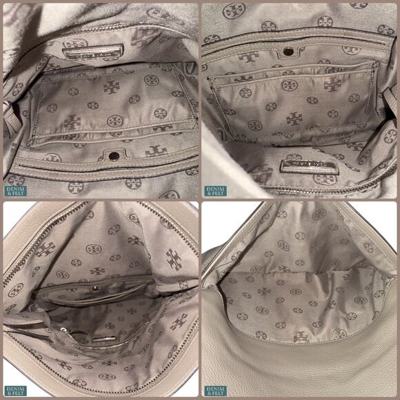 Tory Burch Thea Leather Foldover Crossbody Bag  Purse Gray Herron Tassel Neutral - Picture 14 of 16